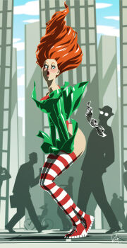 1girl ass city cyclone_(dc) cyclone_(reizei) dc_comics female_focus kit maxine_hunkel newspaper orange_hair patterned_legwear red_shoes shoes solo solo_focus striped_legwear two-tone_stripes wind
