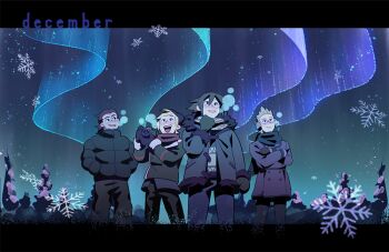 Rule 34 | 4boys, aurora, beanie, black coat, black gloves, black hair, black hat, black pants, black scarf, blonde hair, breath, brown hair, camera, chiou!, coat, cow, crossed arms, december, earmuffs, final fantasy, final fantasy xv, fur-trimmed coat, fur trim, gladiolus amicitia, glasses, gloves, hands in pockets, hat, holding, holding camera, ignis scientia, male focus, multiple boys, noctis lucis caelum, outdoors, pants, parted lips, prompto argentum, puffy coat, scarf, smile, snowflakes, sweater, tree, winter, winter clothes