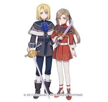 Rule 34 | 1boy, 1girl, aged down, ascot, black boots, blonde hair, blue ascot, blue eyes, blue pants, blush, boots, brown hair, capelet, closed mouth, commentary request, dagger, dimitri alexandre blaiddyd, dimitri alexandre blaiddyd (young), dress, edelgard von hresvelg, edelgard von hresvelg (young), fire emblem, fire emblem: three houses, fire emblem heroes, full body, fur-trimmed capelet, fur trim, grey capelet, grey tunic, hagiwara rin, hair ribbon, holding, holding dagger, holding knife, holding sword, holding weapon, knife, long hair, long sleeves, nintendo, official alternate costume, official alternate hair color, official art, pants, pantyhose, purple eyes, red dress, red shoes, ribbon, shoes, simple background, smile, sword, tunic, twintails, weapon, white pantyhose