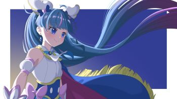 1girl blue_cape blue_eyes blue_hair bow cape cunzai_gan_null cure_sky cut_bangs detached_sleeves dress_bow earrings gradient_hair hair_ornament highres hirogaru_sky!_precure jewelry long_hair magical_girl multicolored_hair pink_hair precure profile puffy_detached_sleeves puffy_sleeves smile solo sora_harewataru streaked_hair two-sided_cape two-sided_fabric upper_body very_long_hair wing_hair_ornament