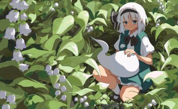 Rule 34 | 1girl, absurdres, black bow, black bowtie, black hairband, black shoes, blue eyes, bow, bow hairband, bowtie, commentary, flower, frilled skirt, frills, full body, green skirt, green vest, guaninekoubou, hairband, highres, hitodama, hitodama print, konpaku youmu, konpaku youmu (ghost), lily of the valley, looking at viewer, mary janes, print vest, shirt, shoes, short hair, sitting, skirt, socks, solo, touhou, vest, white flower, white hair, white shirt, white socks