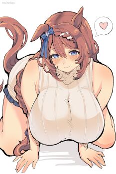 1girl all_fours animal_ears artist_name blue_bow blue_eyes blue_skirt blush bow braid breasts breasts_squeezed_together brown_hair hair_bow highres horse_ears horse_girl horse_tail huge_breasts kneeling lips long_hair noiretox ribbed_sweater scrunchie skirt sleeveless sleeveless_sweater smile solo super_creek_(umamusume) sweater tail umamusume white_background white_sweater