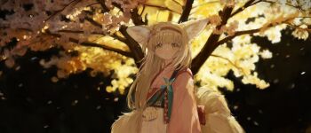 1girl animal_ears arknights blonde_hair chinese_commentary closed_mouth coin_purse commentary_request fox_ears fox_girl fox_tail green_eyes gumiaoandpeace hairband highres japanese_clothes kimono kitsune kyuubi long_hair long_sleeves looking_at_viewer multiple_tails official_alternate_costume pink_kimono pinwheel red_hairband sash solo suzuran_(arknights) suzuran_(yukibare)_(arknights) tail yagasuri