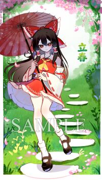 Rule 34 | 1girl, absurdres, ascot, black shoes, bow, brown hair, chinese commentary, chinese text, closed mouth, commentary request, detached sleeves, falling petals, frilled bow, frilled hair tubes, frills, hair bow, hair tubes, hakurei reimu, highres, long hair, mary janes, outdoors, petals, pink petals, red bow, red eyes, red skirt, ribbon-trimmed sleeves, ribbon trim, sample watermark, shen bi ren (user rjgy2824), shoes, skirt, skirt set, smile, socks, solo, spring (season), touhou, translation request, very long hair, watermark, white socks, yellow ascot