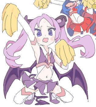 2girls @_@ arm_up armpits blue_hair blush_stickers breasts cheering cheerleader clothing_cutout cropped_head demon_girl demon_horns demon_tail demon_wings groin highres hiiragi_kagami hiiragi_kagami_(succubus_cheer) holding holding_pom_poms horns izumi_konata izumi_konata_(succubus_cheer) loli long_hair long_sidelocks lucky_star midriff miniskirt multiple_girls navel necktie noniha open_mouth pink_necktie pleated_skirt pom_pom_(cheerleading) pom_poms print_necktie purple_eyes purple_hair purple_horns purple_shoes purple_skirt purple_slingshot_swimsuit purple_tail purple_wings red_skirt red_slingshot_swimsuit red_tail red_wings revealing_clothes shoes sidelocks sketch skirt sling_bikini_top slingshot_swimsuit small_breasts spread_legs squatting stomach_cutout sweat swimsuit tail thighhighs twintails two-tone_skirt underbust very_long_hair very_long_sidelocks wavy_mouth white_skirt white_thighhighs wide_spread_legs wings