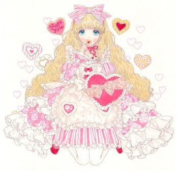 Rule 34 | 1girl, 2020s, 2024, blonde hair, blue eyes, cookie, dress, english text, female focus, food, heart, heart-shaped cookie, heart-shaped food, hisakata (hisa nn), long dress, long hair, looking at viewer, painting (medium), pink dress, traditional media, watercolor (medium)