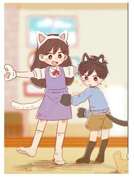 1boy 1girl :d :o aged_down animal_ear_hairband animal_ears animal_hands black_eyes black_hair black_hairband black_socks black_tail blue_sky blue_sweater blurry blurry_background border bow bowtie bright_pupils brother_and_sister brown_shorts carpet cat_ear_hairband cat_ears cat_tail child chinese_commentary cloud collared_shirt commentary_request day dot_nose dress fake_animal_ears fake_tail fangs full_body game_screenshot_background hair_behind_ear hairband hatching_(texture) highres indoors kneehighs kuriki90333 long_hair long_sleeves looking_at_another looking_back looking_down mari_(faraway)_(omori) mari_(omori) medium_dress no_sclera no_shoes omori open_mouth outstretched_arms pinafore_dress puffy_long_sleeves puffy_short_sleeves puffy_sleeves purple_dress red_bow red_bowtie screenshot_background shadow shirt short_hair short_sleeves shorts siblings sky sleeveless sleeveless_dress smile socks standing standing_on_one_leg straight_hair sunny_(omori) sweatdrop sweater tail tareme teeth tongue upper_teeth_only very_short_hair white_border white_hairband white_pupils white_shirt white_socks white_tail window wooden_floor