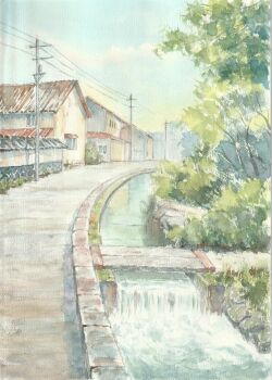 building commentary_request day highres no_humans original outdoors painting_(medium) paruperu path power_lines real_world_location road scenery stream traditional_media tree utility_pole water watercolor_(medium) waterfall