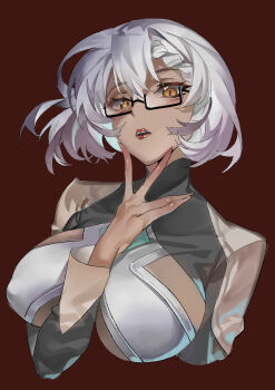 1girl absurdres arm_under_breasts braid breasts brown_background brown_eyes chinese_commentary clothing_cutout commentary_request covered_erect_nipples cropped_torso dark-skinned_female dark_skin glasses highres large_breasts light_smile original semi-rimless_eyewear sideboob sideboob_cutout solo under-rim_eyewear underboob underboob_cutout white_hair wtlong_han