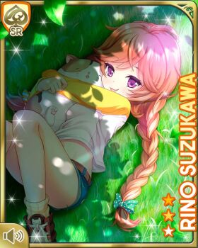 1girl ahoge animal blue_shorts bow braid brown_hair card_(medium) cat character_name collarbone day girlfriend_(kari) grass green_background green_bow hair_ribbon holding holding_animal lawn lying official_art on_side open_mouth outdoors polka_dot polka_dot_bow purple_eyes qp:flapper ribbon shadow shoes shorts sitting socks solo suzukawa_rino twin_braids