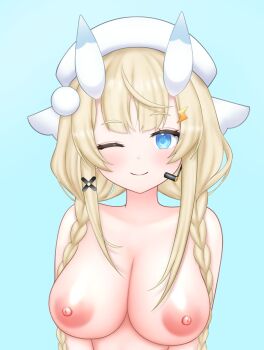 1girl ;) blonde_hair blue_background blue_eyes blue_horns blush braid breasts hair_ornament hair_over_shoulder hat headset highres horns kadou_mikaru kaerunoid large_breasts lightning_bolt lightning_bolt_hair_ornament lightning_bolt_symbol looking_at_viewer low_twin_braids multicolored_horns nijisanji nipples nude one_eye_closed pom_pom_(clothes) pom_pom_hair_ornament sidelocks simple_background smile solo twin_braids two-tone_horns upper_body virtual_youtuber white_hat white_horns x_hair_ornament