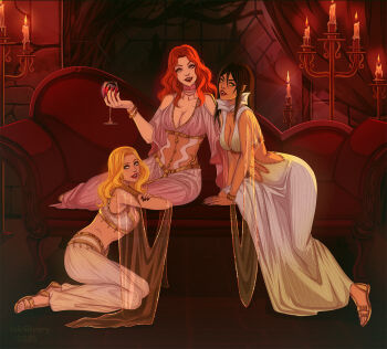 3girls artist_name barbara_gordon bare_shoulders batman_(series) blonde_hair blood_in_cup breasts brown_hair candelabra candle candlelight candlestand cassandra_cain commentary couch crop_top cup dark-skinned_female dark_skin dated dc_comics dress drinking_glass english_commentary eyeliner eyeshadow fangs fingernails fire full_body harem_pants highres holding holding_cup indoors inksilvery jewelry large_breasts long_dress long_hair makeup multiple_girls necklace night on_couch on_floor orange_hair pants pointy_ears red_lips sandals sharp_fingernails sitting stephanie_brown straight_hair vampire wavy_hair wide_shot window wine_glass yokozuwari