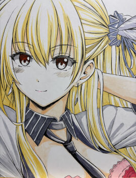 Rule 34 | 1girl, alisa reinford, black necktie, blonde hair, breasts, close-up, closed mouth, commentary request, double-parted bangs, earrings, eiyuu densetsu, feather hair ornament, feathers, folded collar, hair between eyes, hair ornament, highres, jewelry, kagura yuuto, lace trim, large breasts, looking at viewer, necktie, portrait, red eyes, sen no kiseki (series), side ponytail, smile, solo, traditional media