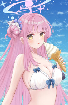 1girl :p a_ekoa absurdres bare_shoulders bikini blue_archive blue_bow blue_sky blunt_bangs blush bow bow_bikini breasts cleavage closed_mouth collarbone commentary commentary_request day eyes_visible_through_hair flower food frilled_bikini frills hair_bun hair_flower hair_ornament halo hand_up highres holding holding_ice_cream_cone ice_cream ice_cream_cone large_breasts long_hair looking_at_viewer mika_(blue_archive) mika_(swimsuit)_(blue_archive) ocean official_alternate_costume outdoors pink_hair pink_halo purple_flower sidelocks single_side_bun sky smile solo sparkle straight_hair swimsuit tongue tongue_out upper_body very_long_hair white_bikini yellow_eyes yellow_pupils