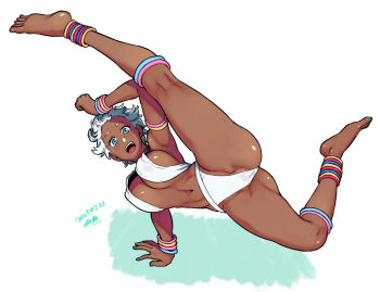 1girl anklet armlet armpits bangle barefoot bikini blue_eyes bracelet breasts cameltoe capoeira cleavage covered_erect_nipples criss-cross_halter dark-skinned_female dark_skin elena_(street_fighter) full_body halterneck handstand jewelry kicking kneepits large_breasts leglet long_legs looking_at_viewer navel open_mouth short_hair sideboob soles solo street_fighter street_fighter_iii_(series) swimsuit teeth toes toned tsukudani_(coke-buta) upper_teeth_only very_dark_skin white_bikini white_hair