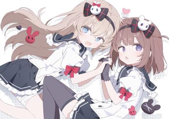 2girls :d :o bandaged_leg bandages black_gloves black_hairband black_sailor_collar black_skirt black_thighhighs blue_eyes blush bow bow_hairband brown_hair commentary_request commission fang feet_out_of_frame frilled_sailor_collar frilled_skirt frills gloves hairband heart highres holding_hands interlocked_fingers long_hair looking_at_viewer multiple_girls open_mouth original pleated_skirt purple_eyes red_bow sailor_collar school_uniform serafuku shirt short_hair short_sleeves simple_background skeb_commission skin_fang skirt sleeve_bow smile thighhighs urotsuki_(ku9625) white_background white_shirt zettai_ryouiki