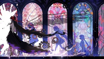 6+girls akemi_homura akemi_homura_(magical_girl) akuma_homura argyle_clothes argyle_legwear backless_dress backless_outfit bare_back bare_shoulders black_dress black_footwear black_gloves black_hair bow braid broken_glass dress earrings elbow_gloves facing_away floating_hair from_side gears glass gloves hair_bow high_heels highres jewelry kaname_madoka kaname_madoka_(magical_girl) long_hair magical_girl mahou_shoujo_madoka_magica mahou_shoujo_madoka_magica:_hangyaku_no_monogatari multiple_girls multiple_persona no_eyes pink_hair running seiza sequential short_hair short_twintails silhouette sitting stained_glass standing twintails ultimate_madoka wings xxxcxxxboom