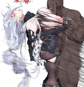 1boy 1girl atelier_(series) atelier_ryza atelier_ryza_1 bald black_nails blush bodystocking bodysuit bodysuit_under_clothes breast_sucking breasts clothes_grab commentary_request curvy dark-skinned_male dark_skin fingernails from_side fur grey_bodysuit head_back hetero hood hooded_vest hoodie interracial lactation large_breasts lila_decyrus long_hair low_tied_hair low_twintails mimyo nail_polish nipples open_mouth pale_skin pantyhose pointy_ears sex sharp_fingernails standing standing_missionary standing_sex suspended_congress thick_thighs thighs torn_bodystocking torn_clothes twintails vaginal very_long_hair vest white_background