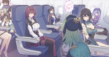 6+girls absurdres ahoge airplane_interior animal_ears bead_necklace beads black_gloves black_hair black_swan_(honkai:_star_rail) blush boots breasts brown_hair cleavage commentary_request demon_girl detached_sleeves dress eyewear_on_head firefly_(honkai:_star_rail) fluffy_hair fox_ears fox_tail from_behind fugue_(honkai:_star_rail) gloves green_eyes grey_hair hat headpiece heart high_heels highres honkai:_star_rail honkai_(series) huohuo_(honkai:_star_rail) hysilens_(honkai:_star_rail) jewelry kafka_(honkai:_star_rail) lingsha_(honkai:_star_rail) multiple_girls necklace pantyhose purple_hair ruan_mei_(honkai:_star_rail) shirt shrug_(clothing) sitting smile spoken_heart tail the_dahlia_(honkai:_star_rail) thigh_boots thighs tingyun_(honkai:_star_rail) veil yumegiwa_(skgl_thx) yuri