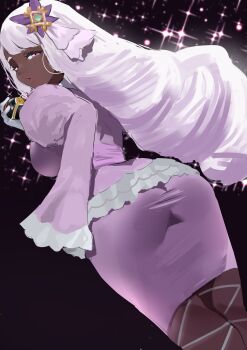 1girl black_background bow dark-skinned_female dark_skin dress drill_hair frills hair_bow highres holding holding_poke_ball jacinthe_(pokemon) long_hair looking_at_viewer looking_back luxury_ball nintendo parted_lips poke_ball pokemon pokemon_legends:_z-a purple_eyes redi_(rasec_asdjh) simple_background solo white_hair