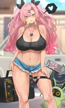 1girl absurdres blue_shorts blush breasts briefcase cleavage ear_piercing earrings female_focus green_eyes hair_ornament hair_ribbon hairclip heart heart_earrings highres huge_breasts jewelry long_hair mole mole_on_breast mole_on_thigh mole_under_eye multicolored_nails nail_polish nails necklace nicole_demara nuo_(fttv3255) piercing pink_hair ribbon short_shorts shorts sign solo solo_focus thigh_strap twintails zenless_zone_zero