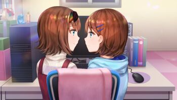 2girls blue_hoodie bob_cut book chair computer computer_tower dress eye_contact flipped_hair game_cg hair_ornament hairband hairclip hood hoodie incest indoors looking_at_another monitor multicolored_hairband multiple_girls non-web_source office official_art on_chair otori_ai pinafore_dress profile red_dress shared_chair short_hair siblings sisters sitting sleeveless sleeveless_dress smile spoilers sweater turtleneck turtleneck_sweater white_sweater yanagiya_kokoro yumeutsutsu_re:master yuri