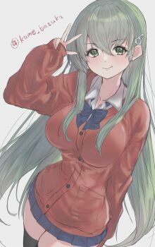 1girl aqua_hair blue_bow blue_bowtie blue_skirt bow bowtie breasts brown_cardigan butao cardigan collared_shirt green_eyes hair_ornament hairclip highres kantai_collection long_hair long_sleeves looking_at_viewer official_alternate_costume pleated_skirt school_uniform shirt skirt smile solo suzuya_(kancolle) suzuya_(school_girl)_(kancolle) twitter_username white_shirt