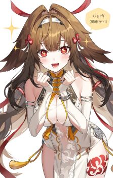 +_+ 1girl absurdres armlet bare_shoulders blush bracelet breasts brown_hair china_dress chinese_clothes clover clover_hair_ornament collarbone cowboy_shot dress droopy_ears hair_intakes hair_ornament hairband hands_up hashtag-only_commentary highres jewelry large_breasts leaning_forward leg_tattoo long_hair looking_at_viewer metal_bracelet navel newet_a open_mouth pelvic_curtain red_eyes see-through_clothes silver_armlet silver_bracelet simple_background solo speech_bubble tassel tattoo translation_request very_long_hair white_background white_dress white_hairband ye_shunguang zenless_zone_zero