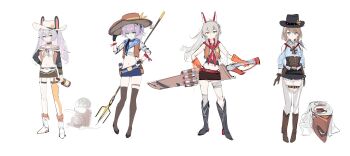 &gt;_&lt; 4girls absurdres alternate_costume animal_ears ayanami_(azur_lane) azur_lane bare_shoulders belt black_corset black_footwear black_gloves black_hat black_panties blue_skirt blue_sweater boots bottle bow bow_panties brown_footwear brown_skirt clothing_cutout corset cowboy_hat crotchless crotchless_pants fake_animal_ears full_body gloves green_eyes grey_hair hand_on_own_hip hat highres holding holding_behind_back holding_bottle holding_weapon holding_weapon_behind_back janyhero javelin_(azur_lane) knee_boots laffey_(azur_lane) manjuu_(azur_lane) medium_hair midriff miniskirt multiple_girls neckerchief orange_eyes orange_gloves panties pants panty_straps pitchfork purple_hair rabbit_ears red_belt red_neckerchief sheriff_badge shoulder_cutout simple_background skirt sweater thigh_boots thigh_strap twintails underwear weapon white_background white_belt white_footwear white_hat white_panties white_pants z23_(azur_lane)