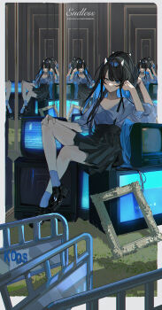 1girl black_footwear black_hair black_skirt blue_eyes blue_hair blue_shirt blue_socks colored_inner_hair crossed_legs crt expressionless head_tilt heterochromia highres horns k00s long_hair looking_at_viewer mirror multicolored_hair original picture_frame reflection shirt shirt_tucked_in sitting skirt socks solo static television very_long_hair white_eyes