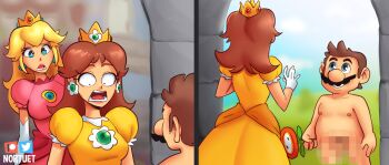 1boy 2girls artist_name blonde_hair brown_hair censored chris_pratt clothed_female_nude_male completely_nude crown d: dress facial_hair flower gloves green_eyes hands_up highres holding holding_flower long_hair looking_at_another lower_teeth_only mario mario_(series) mosaic_censoring multiple_girls mustache nintendo nortuet nude open_mouth orange_dress parks_and_recreation parody patreon_logo pink_dress princess_daisy princess_peach puffy_short_sleeves puffy_sleeves short_sleeves smile standing surprised teeth the_super_mario_bros._movie twitter_logo voice_actor_connection white_gloves