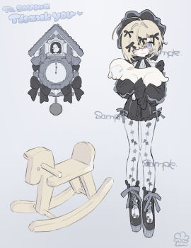 1girl :3 am314 animal baby_animal black_bonnet black_bow black_dress black_shoes blonde_hair blue_eyes bonnet bow clock commentary_request commission crossed_arms cuckoo_clock dress full_body grey_background hair_bow hair_over_one_eye highres holding holding_animal lamb looking_at_viewer original pantyhose platform_shoes rocking_horse sample_watermark sheep shoes simple_background skeb_commission smile solo watermark white_pantyhose