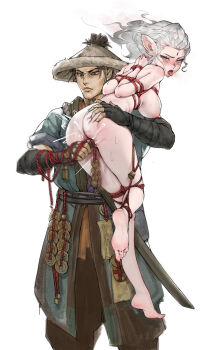 1girl absurdres animal_ears barefoot bdsm blush bondage bound commentary_request gdhs highres kidnapping original shibari take_it_home thighs