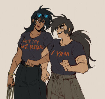 2girls bag black_hair black_pants clothes_writing couple cowboy_shot dark-skinned_female dark_skin english_text eyewear_on_head genderswap genderswap_(mtf) getter_robo hakama hakama_pants highres japanese_clothes jin_hayato lipstick locked_arms long_hair low_ponytail makeup matching_outfits multiple_girls multiple_scars nagare_ryoma nail_polish new_getter_robo open_mouth pants ponytail print_shirt purple_eyes red_lips red_nails scar scar_on_arm shirt shopping_bag sinita smile standing sunglasses t-shirt teeth upper_teeth_only yuri