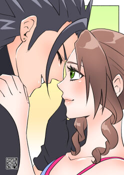 1boy 1girl aerith_gainsborough bare_shoulders black_gloves black_hair border closed_eyes closed_mouth collarbone commentary_request couple crisis_core:_final_fantasy_vii drill_hair drill_sidelocks earrings facing_another final_fantasy final_fantasy_vii forehead-to-forehead gloves gradient_background green_eyes hand_on_another&#039;s_cheek hand_on_another&#039;s_face hand_on_another&#039;s_shoulder heads_together highres jewelry lips looking_at_another outside_border parted_lips profile shikiwo sidelocks smile spiked_hair stud_earrings upper_body white_border zack_fair