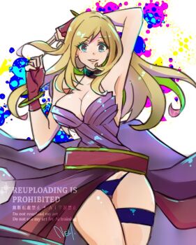 1girl b._jenet bangle bare_shoulders belt blonde_hair blue_eyes bracelet breasts choker cleavage commentary_request dress fatal_fury fatal_fury:_city_of_the_wolves fingerless_gloves gloves jewelry large_breasts long_hair looking_at_viewer loose_belt neli_mmnn purple_dress smile snk solo the_king_of_fighters thigh_strap