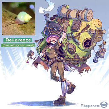 1girl absurdres antennae artist_name backpack bag bedroll belt blush boots brown_belt brown_boots brown_gloves brown_helmet brown_shirt brown_shorts closed_eyes coin_purse commentary compass english_commentary english_text fork gem gloves green_gemstone grey_background helmet highres jewelry monster_girl necklace open_mouth original pickaxe pink_gemstone pink_hair rappenem reference_inset reference_photo scroll shell shell_necklace shirt short_hair short_sleeves shorts smoke snail snail_girl snail_shell socks solo spoon waving white_socks wooden_spoon