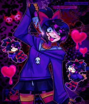 >_< 1girl :d arm_at_side arm_up black_background black_gloves black_hair black_skirt black_thighhighs blood blood_from_mouth blood_splatter bloody_knife blue_eyes bow breasts bright_pupils commentary contrapposto cowboy_shot creepypasta dark-skinned_female dark_skin english_commentary english_text eyes_visible_through_hair fang fingerless_gloves glasgow_smile gloves grey_shirt hair_bow halftone heart high_ponytail highres holding holding_knife hood hood_down hoodie jewelry knife long_sleeves looking_at_viewer miniskirt multicolored_hair multicolored_thighhighs necklace nina_the_killer open_mouth outline pink_hair pink_outline pleated_skirt ponytail profanity puffy_long_sleeves puffy_sleeves purple_hoodie raccoon_tails_(hairstyle) red_bow red_thighhighs reverse_grip scene_fashion shirt short_hair short_ponytail simple_background skirt skull_necklace small_breasts smile solo sparkle standing star_(symbol) streaked_hair striped_clothes striped_thighhighs tailsnumber1fan teeth thighhighs tongue tongue_out two-tone_hair two-tone_thighhighs upper_teeth_only white_facepaint white_pupils wide-eyed zettai_ryouiki