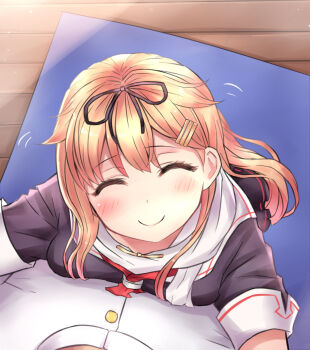 10s 1boy 1girl ^_^ admiral_(kancolle) black_ribbon black_serafuku blonde_hair blush closed_eyes from_above hair_flaps hair_ornament hair_ribbon hairclip hetero highres hug kantai_collection long_hair military military_uniform motion_lines naval_uniform neit_ni_sei out_of_frame pov pov_hug ribbon scarf school_uniform serafuku smile solo_focus upper_body white_scarf wooden_floor yuudachi_(kancolle)