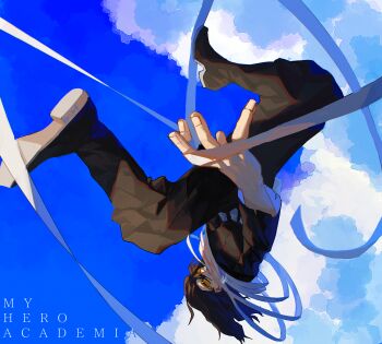 1boy absurdres aizawa_shota azisaiharumaki56 black_pants black_shirt black_shoes blue_sky boku_no_hero_academia cloud commentary_request copyright_name day fingernails foreshortening goggles highres long_hair long_sleeves male_focus pants scarf shirt shoes sky upside-down