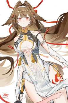 1girl animal_ear_fluff animal_ears bare_shoulders body_markings breasts brown_hair chinese_commentary commentary_request dated fox_ears fox_girl fox_tail hair_flaps hair_ornament highres holding large_breasts leotard long_hair looking_at_viewer parted_lips pelvic_curtain red_eyes signature simple_background solo tail thighs white_background white_leotard ye_shunguang yisjhui zenless_zone_zero