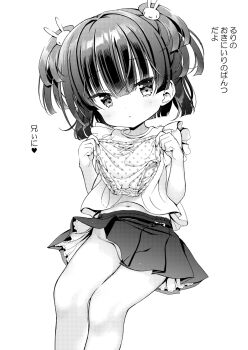 1girl bow bow_panties commentary_request convenient_censoring expressionless feet_out_of_frame female_focus groin hair_ornament highres holding holding_unworn_clothes holding_panties holding_underwear holding_unworn_clothes loli looking_at_viewer miniskirt monochrome navel no_panties original panties pleated_skirt polka_dot polka_dot_panties shirt short_hair sitting skirt sleeveless sleeveless_shirt solo takahashi_tetsuya thighs translation_request two_side_up underwear unworn_panties wind wind_lift