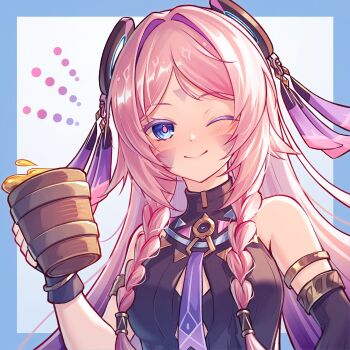 1girl absurdres armlet asymmetrical_gloves bare_shoulders black_gloves black_leotard blue_border blue_eyes blush border bracelet braid citlali_(genshin_impact) closed_mouth colored_eyelashes commentary_request cup facial_mark fingerless_gloves floating_headgear forehead_mark genshin_impact gloves gold_armlet gold_bracelet gradient_hair hair_intakes hand_up headgear heattech_leotard highres holding holding_cup jewelry leotard long_hair looking_at_viewer multicolored_hair one_eye_closed outside_border parted_bangs pink_hair pink_pupils purple_hair smile solo tankard triangle triangle_facial_mark turtleneck twin_braids uneven_gloves yuno_kaihara