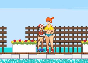 1boy 1girl age_difference animated animated_gif areola_slip bare_arms baseball_cap black_footwear blue_pants blue_sky bouncing_breasts breast_sucking breasts chase_(pokemon) cleavage closed_eyes clothes_lift clothes_pull crop_top cum cum_in_mouth curvy day developing_erection erection fellatio fence flaccid flower hand_on_another's_head hat hetero huge_breasts kneeling large_breasts looking_at_another midriff misty_(pokemon) nintendo nipple_slip nipples no_bra one_breast_out oral orange_hair outdoors pants pants_pull penis pixel_art plant pokemon pokemon_(anime) pokemon_(classic_anime) pokemon_lgpe potted_plant red_flower red_suspenders revealing_clothes sex shirt shirt_lift shorts shota side_ponytail sky smile sonken2501 standing suspender_shorts suspenders tank_top teenage_girl_and_younger_boy ugoira uncensored water wooden_fence yellow_flower yellow_shirt