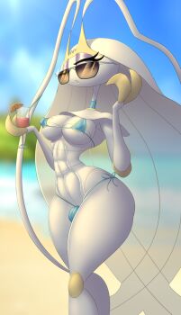 1boy antennae ass beach bikini breasts bug bulge choker colored_skin drink eyeshadow furry furry_male gen_7_pokemon huge_breasts lips lipstick makeup male_with_breasts mole mole_on_breast narrowed_eyes nintendo one_eye_closed outdoors pheromosa pokemon purple_eyeshadow simple_background source_request sunglasses swimsuit thick_thighs thighs ultra_beast venela white_skin yellow_lips