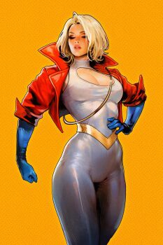 1girl absurdres blonde_hair blue_gloves bodysuit breasts cleavage_cutout closed_eyes clothing_cutout comic_cover commentary cropped_jacket dc_comics gloves hand_on_own_hip highres jacket medium_breasts official_art open_clothes open_jacket power_girl power_girl_(2023_costume) power_girl_(comic) red_jacket short_hair simple_background solo sozomaika superman_(series) textless_version white_bodysuit yellow_background