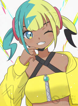 1girl aoneko4ao_(edwf7745) bandeau canari_(pokemon) commentary_request eyelashes grin hand_up happy highres hood hooded_jacket jacket long_sleeves mask mask_pull mouth_mask multicolored_hair nail_polish nintendo one_eye_closed open_clothes open_jacket pokemon pokemon_legends:_z-a smile solo teeth twintails upper_body watermark white_background yellow_bandeau yellow_jacket zipper zipper_pull_tab