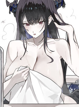 1girl absurdres asymmetrical_horns bath black_hair blue_hair breasts cleavage colored_inner_hair demon_horns ewn flower hair_between_eyes hand_in_own_hair highres hololive hololive_english horn_flower horns jailbird_(nerissa_ravencroft) large_breasts long_hair mole mole_under_eye multicolored_hair naked_towel nerissa_ravencroft open_mouth purple_eyes solo towel uneven_horns virtual_youtuber water_drop wet