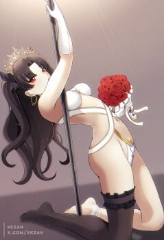 Rule 34 | 1girl, bikini, black hair, bouquet, breasts, commentary request, earrings, elbow gloves, fate/grand order, fate (series), flower, gloves, highres, hoop earrings, ishtar (fate), jewelry, kneeling, navel, open mouth, parted bangs, pole, red eyes, red flower, red rose, rose, single thighhigh, small breasts, solo, stomach, stripper pole, swimsuit, thighhighs, tiara, white bikini, white gloves, xkzan