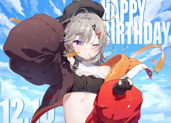 Rule 34 | 1girl, absurdres, animal hat, black gloves, black hat, blonde hair, blue sky, blush, cat hat, closed mouth, crop top, cropped jacket, facial mark, gloves, hair ornament, hairclip, happy birthday, hat, highres, jacket, komori met, komori met (5th costume), looking at viewer, nea 369, one eye closed, open clothes, open jacket, partially fingerless gloves, purple eyes, single strap, sky, solo, virtual youtuber, vspo!
